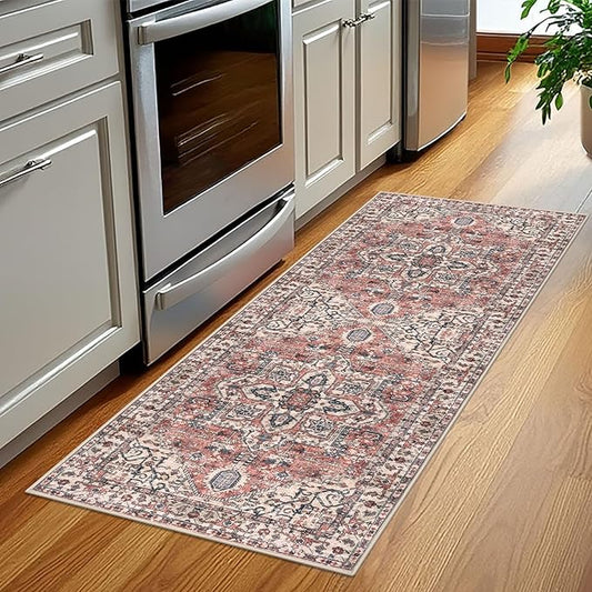 KOZYFLY Runners for Hallways 2x5 Ft Washable Kitchen Runner Rug Boho Runner Rug for Entryway Indoor Printed Oriental Faux Wool Floor Carpet Runner for Laundry Room Kitchen Hall, Terracotta/Beige