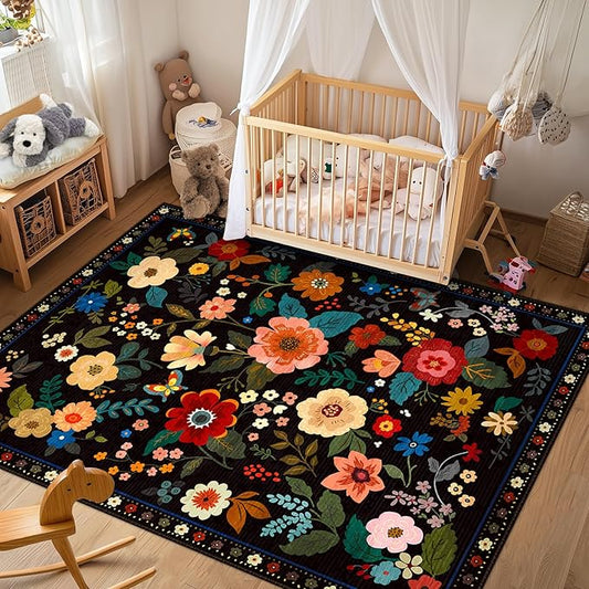 Floral 6x9 Area Rug Machine Washable Soft Print Boho Carpet Non Slip Doormat Low Pile Flower Area Rugs for Living Room Bedroom Nursery Kitchen Dining Room Indoor-Black