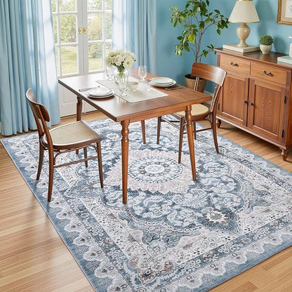 5x7 Area Rug for Bedroom, Machine Washable Rugs with Non-Slip Backing for Living Room, Soft Vintage Carpet Kitchen Laundry Kids Room Decor, Blue & Beige