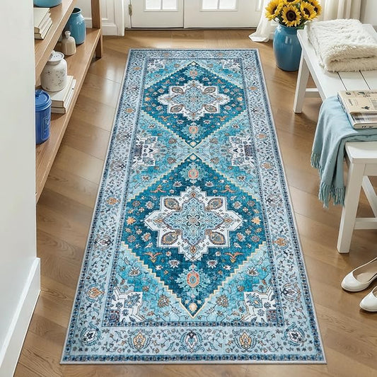 Tangsoo Blue 2x6 Washable Runner Rug for Hallways, Non Slip Vintage Runner Rug, Soft Boho Low Pile Long Rug Runner, Carpet Runners for Kitchen Bedroom Entryway Bathroom Living Room