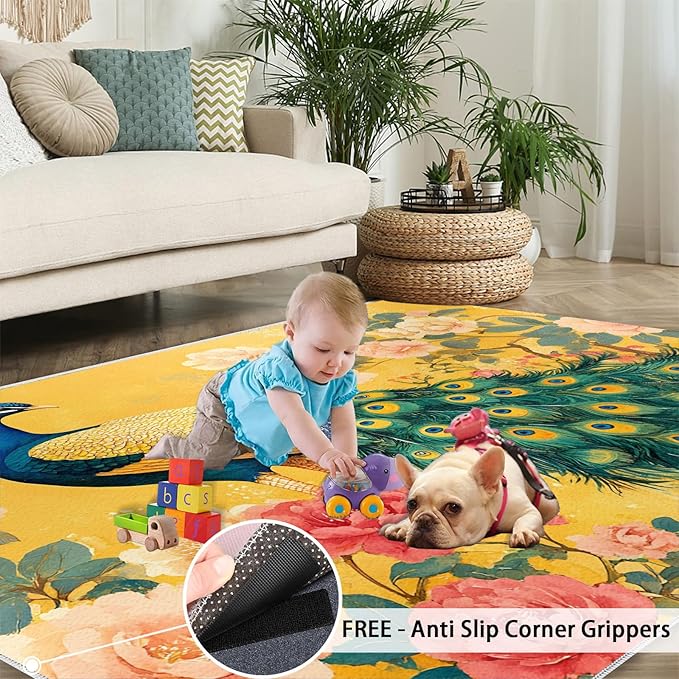 Classic Peacock Rug Large - 5x6 Rug, Peacock Peony Flower Washable Rugs for Living Room, Yellow Teal Turquoise Carpet, Non-Slip Area Rugs for Bedroom, Aesthetics Carpet - Peafowl Home Decor & Gifts