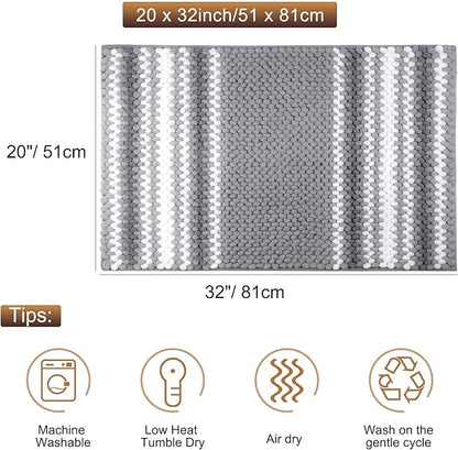 PiccoCasa Chenille Bathroom Rug, Soft Fluffy Absorbent Bath Mat, Medium Pile Striped Carpet Washable Non Slip Bathroom Floor Mats(20"x32",Dark Gray & White)