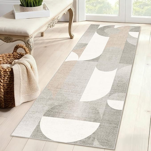 Grey Runner Rug 2x6 Washable Rug Runners for Hallway Kitchen,Long Modern Geometric Rugs for Bedroom Entryway Bathroom,Non Slip Floor Beige Carpet