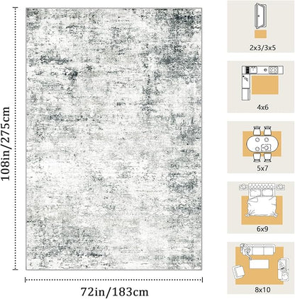 6x9 Machine Washable Area Rug for Living Room, Grey Modern Vintage Abstract Rug Large Non-Slip Low Pile Soft Faux Wool Carpet, Kids and Pets Friendly for Bedroom Dining Room Farmhouse Home Decor Rug