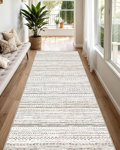 LUMI Washable Runner Rug, 3'x7' Non-Slip Hallway Mat, Low Profile Thin Long Carpeet for Laundry Kitchen Bedroom Office, White and Brown