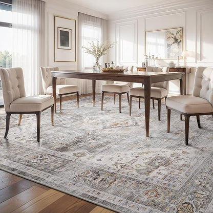 AMOAMI-Area Rug 8X10 Rugs for Living Room-Vintage Soft Grey Rugs for Bedroom-Non Slip Carpet-Washable Rug for Dining Room Living Room Bedroom Office Under Table