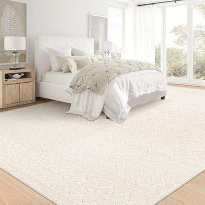9x12 Area Rug Living Room: Washable Boho Geometric Moroccan Rug Neutral Modern Farmhouse Indoor Soft Non Slip Ultra Thin Large Printed Pattern Carpet for Bedroom Home Office (Beige, 9'x12')