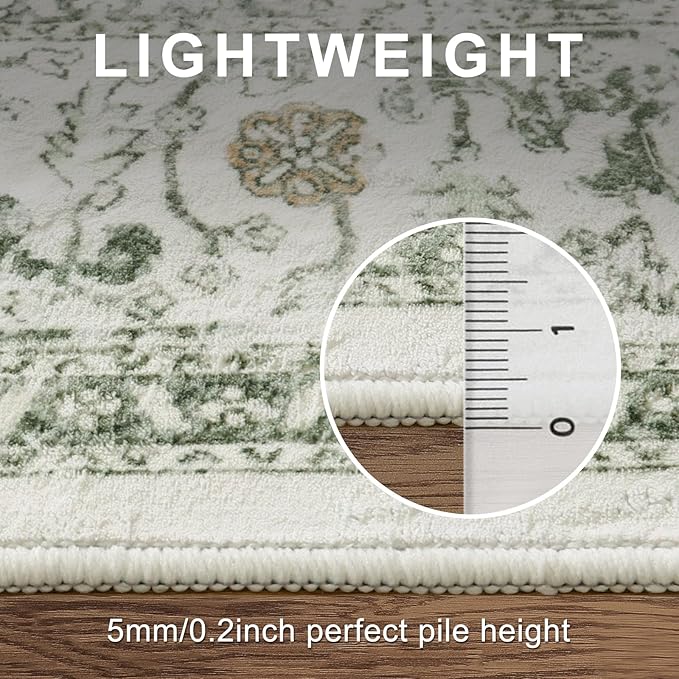LIVEBOX Washable Area Rug 3x5 - Vintage Tribal Non-Slip Indoor Rugs for Kitchen Entryway, Low-Pile Front Door Mat Print Distressed Accent Throw Rug for Bedroom Entry Foyer Laundry Room, Sage