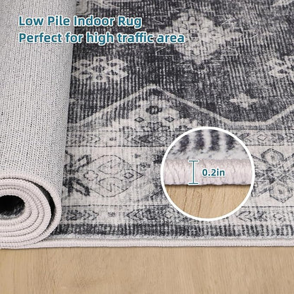 Dripex Vintage Washable Area Rug - 5x8 Distressed Rugs for Living Room Bedroom Oriental Medallion Floral Print Carpet Low-Pile Indoor Soft Non-Slip Accent Rug Farmhouse Office Home Decor