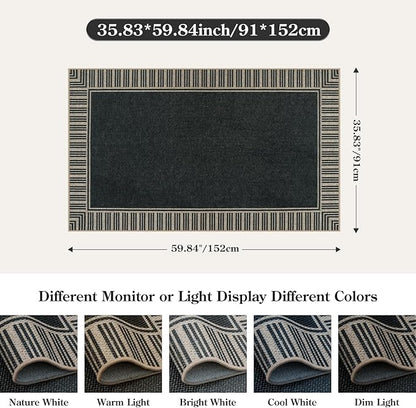 OJIA Easy Jute 3x5 Outdoor Rug Front Door Mats Washable Rugs for Entryway, Striped Border Black Rug Non-Slip Indoor Doormat Outdoor Porch Rug Farmhouse Area Rug for Outside Patio Living Room