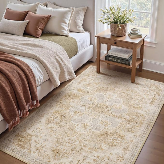 tchdio 3x5 Bedroom Area Rug, Non Slip Washable Entryway Rug Indoor, Soft Low Pile Vintage Door Mat, Stain Resistant Rug for Entrance, Bedside, Dining Room (Beige, 3'x5')
