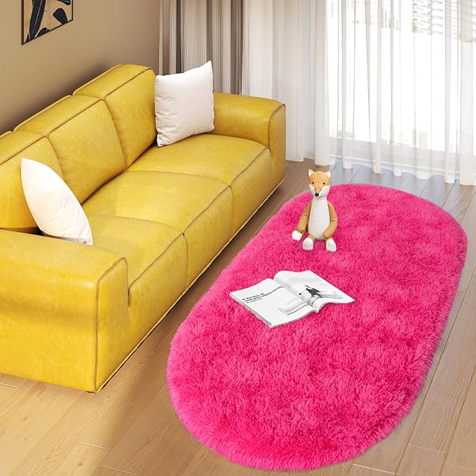 Soft Fluffy Area Rug for Bedroom, Hot Pink Fuzzy Shaggy Oval Throw Rugs for Bedside, Non-Slip Cozy Plush Shag Carpet for Girls Kids Room Nursery Dorm Living Room, 2.6 x 5.3 Feet