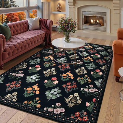 Wonnitar Floral Print Rug for Living Room, Black Washable 5x7 Area Rugs, Ultra-Thin Non Slip Stain Resistant Bedroom Carpet for Dining Room Playroom Office Dorm, Black/Multi