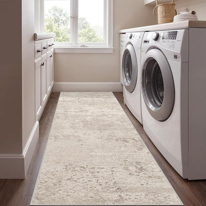 Art&Tuft Non-Slip Runner Rug - 3x5 Runner Rug Washable Low-Pile Rugs Runners, Soft Distressed Carpet Runner for Bedroom Bathroom Kitchen Laundry Living Room, Beige