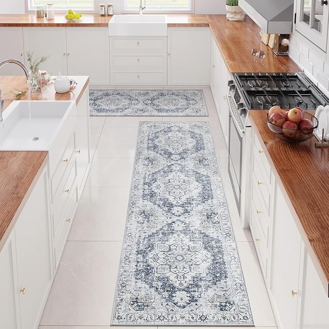 jinchan Kelda Runner Rug 2x5-2pcs Hallway Rug Kitchen Washable Runner Vintage Mat Retro Print Lightweight Non-Slip Floor Cover Distressed Thin Carpet for Entryway Bathroom Bedroom Laundry Room Grey