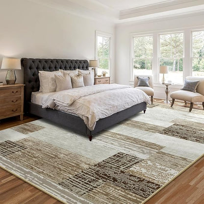 Large Area Rugs,Modern Geometric Patchwork Floor Decor for Bedroom Aesthetic Carpet, Rockwood Collection, Indoor Rugs for Living Room, Dining Room, Nursery, Office, Machine Washable Rug,5x8 Ft Beige