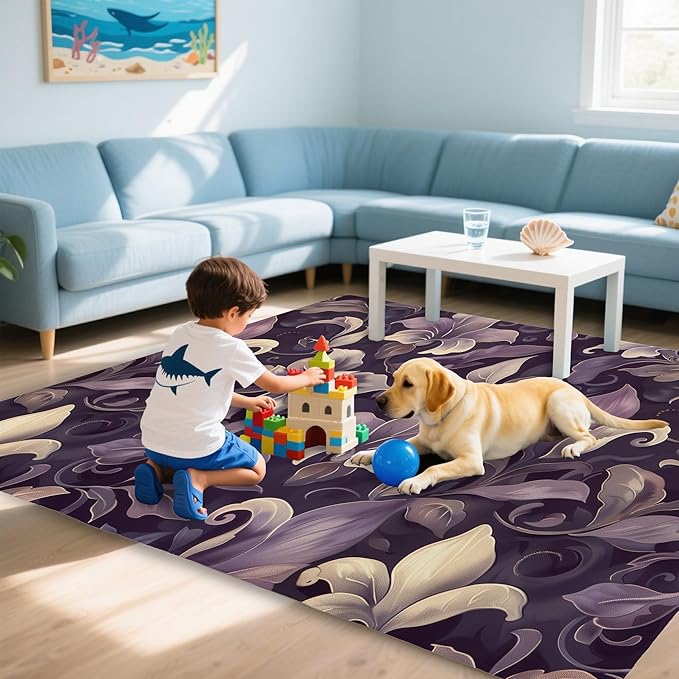 Purple Luxury Floral Texture Rug for Living Room 5x7, Low Pile Non-Slip Backing, Machine Washable Easy Fold Rug for Home, Office, Dorm Room