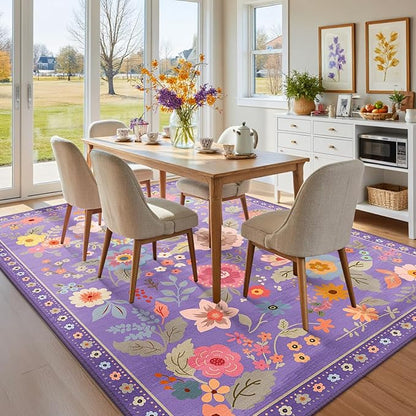 Floral 5x7 Area Rug Machine Washable Soft Print Boho Carpet Non Slip Doormat Low Pile Flower Area Rugs for Living Room Bedroom Nursery Kitchen Dining Room Indoor-Purple/Pink/Multi
