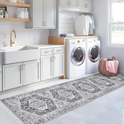 KOZYFLY Runners for Hallways 3x12 Ft Extra Long Washable Kitchen Thin Runner Boho Runner Rug for Entryway Indoor Printed Faux Wool Stair Runner Floor Carpet for Stair Kitchen Hall, Grey