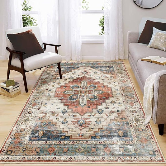 Enkor Area Soft Rugs 4x6 Washable Non Slip Boho Floor Rugs for Living Room Bedroom, Vintage Style Farmhouse Mat for Kitchen Entryway Beige & Red