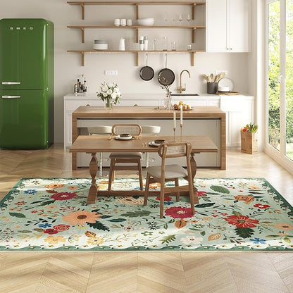 Living Room Rug 6x9 Rug Machine Washable Boho Area Rug Non Slip Floral Vintage Low Pile Large Rugs for Living Room, Bedroom, Farmhouse, Dining Room (Green)