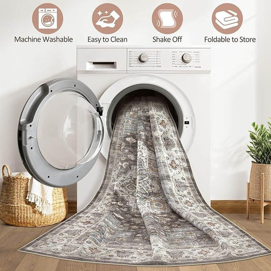 9x12 Area Rug Living Room: Washable Boho Large Neutral Vintage Soft Rugs Stain Resistant Farmhouse Non-Slip Indoor Floor Carpet for Bedroom Nursery Kids Office Dining Room Playroom- Grey Brown