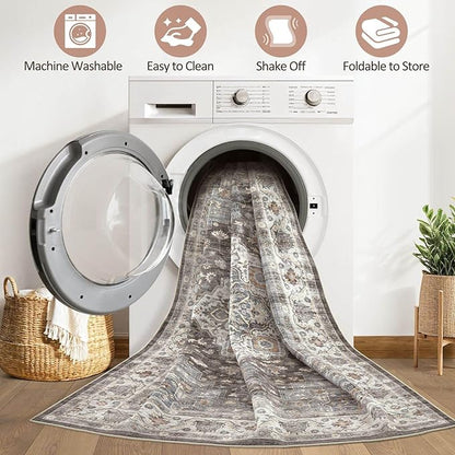 10x14 Area Rugs Living Room: Washable Boho Large Neutral Vintage Soft Rug Stain Resistant Farmhouse Non-Slip Indoor Floor Carpet for Bedroom Nursery Kids Office Dining Room Playroom- Grey Brown