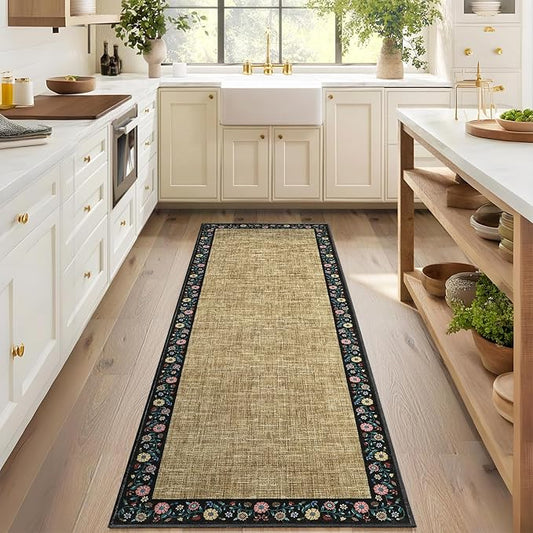 GarveeHome Entryway Rug 2x6 Modern Bordered Runner Rug Washable Kitchen Runners for Hallway Non-Slip Low-Pile Soft Carpet Floral Print Bathroom Mat for Bedroom Laundry Room, Yellow