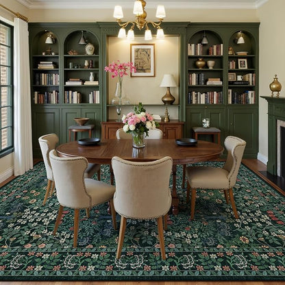 8x10 Area Rugs Living Room Rug - Floral Vintage Forest Washable Carpet, Low Pile Non-Slip Stain Resistance Boho Soft Large Carpet for Bedroom, Dining Room, Office, Farmhouse (8'x10' Dark Green)
