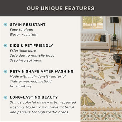 8x10 Fun Rugs For Bedroom - Maximalist Rug for Living Room, Playroom, Dining Room Under Kitchen Table, Washable Soft Stain Resistant Low Pile, Butterfly Insect Floral Cottage Decor, Beige & Yellow