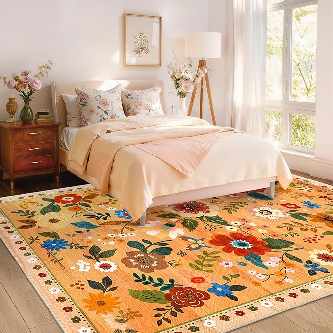 Floral 8x10 Area Rug Machine Washable Soft Print Boho Carpet Non Slip Doormat Low Pile Flower Area Rugs for Living Room Bedroom Nursery Kitchen Dining Room Indoor-Yellow/Orange