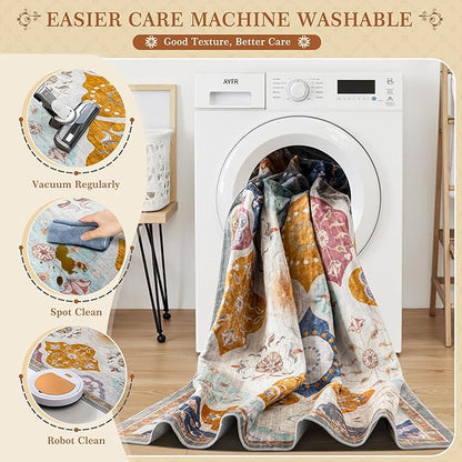 EnHomee Washable Area Rugs 4x6, Soft Area Rug for Living Room Bedroom, Boho Non Slip Low Pile Stain Resistant Washable Rug Large Carpet for Dining Room,Easy to Clean Living Room Rug, Colorful