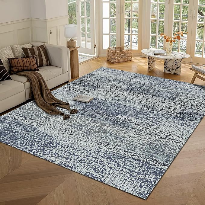 Washable Area Rug - 1/6" Thick Low-Pile - Stain & Water Resistant Non-Slip Backing - Pet & Child Friendly Vintage Speckled Design in Grey with Light Teal & White Accents (8' x 10')