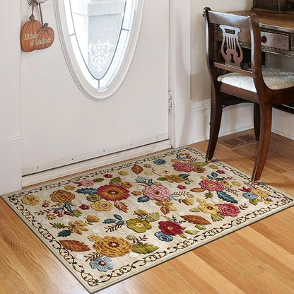 2x3 Machine Washable Area Rug for Entryway, Beige Vintage Boho Floral Rug Non-Slip Low Pile Soft Faux Wool Small Carpet, Kids and Pets Friendly for Bedroom Kitchen Hallway Bedside Home Decor Rug