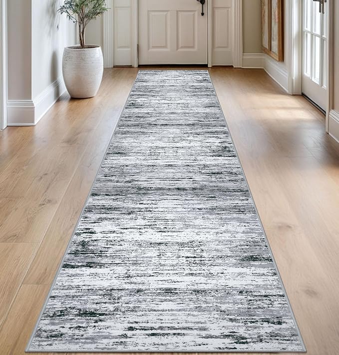 Modern Abstract Runner Rug 2.6x14, Black Grey White Washable Long Kitchen Runner Non-Slip Soft Hallway Rug Runner Thin Print Faux Wool Carpet for Entryway Bedroom Laundry Room Indoor Home Decor