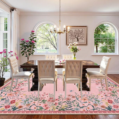 Lahome Boho Floral 8x10 Pink Rugs for Bedroom Girls, Non Slip Washable Nursery Rugs for Living Room, Pastel Indoor Throw Carpet for Dorm Classroom Playroom(Pink,8x10)