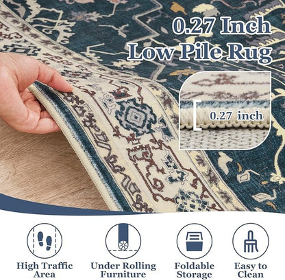 Deep Blue Hallway 2x8 Runner Rug, Washable Non Slip Entryway Runner Indoor, 0.27 Low Pile Vintage Medallion Distressed Carpet Runners 8ft for Kitchen/Bedroom Bedside/Laundry Room/Bathroom