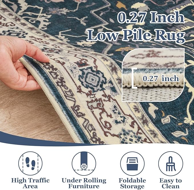 Distressed Farmhouse Area Rugs 6x9 for Living Room, Low Pile Thin Rugs for Bedroom Manchine Washable Non Slip, Medallion Pinted Carpet for Dining Room Guest Room Home Office, Deep Blue/Multi