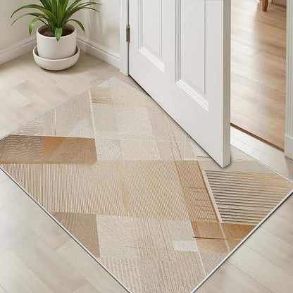 Minimalist Abstract Area Rug 5x8 Brown Boho, Modern Washable Stripe Art Rugs, Soft Non-Slip Low-Pile Carpet for Living Room, Bedroom, Kitchen, Dining Room, Pet Friendly, Non-Shedding, Beige