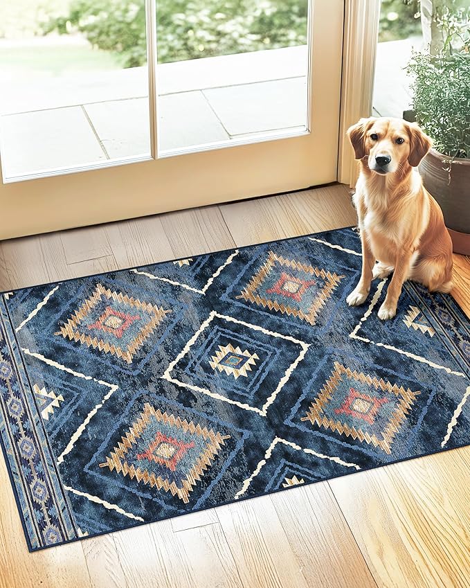 Area Rug 3x5 Rug Machine Washable Non-Slip Low Pile Print Pattern Western Rug for Living Room Bedroom Entryway Tribal Series -Darkblue