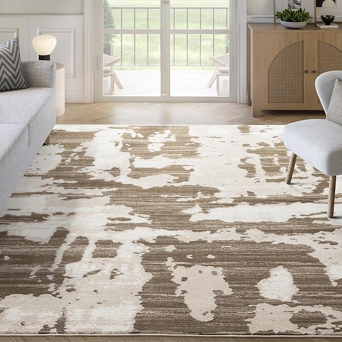 Abani Terra Area Rug for Living Room, Bedroom - Abstract Pattern - Brown Cream - 9' x 12' - Durable & Easy to Clean