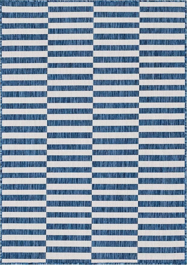 Unique Loom Outdoor Striped Collection Area Rug - Striped (4' 1" x 6' 1" Rectangle, Blue/Ivory)