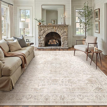 HUGEAR Area Rug 8x10 Vintage Beige Machine Washable Living Room Rugs Thin Neutral Floral Vacuumable Low Pile Carpet Bedroom Office Dining Room Laundry Room Non Slip Soft Lightweight