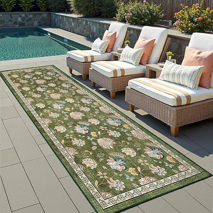 jinchan Elora 3x10 Floral Runner Rug for Hallway Washable Kitchen Runner Vintage Romance Design Non Slip Thin Indoor Floor Cover Low-Profile Throw Carpet for Entryway Bathroom Bedroom Porch, Green