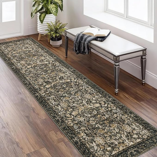 Washable Runner Rug 2x8: Vintage Boho Floral Carpet Runners for Hallway Entryway Non-Slip - Soft Botanical Low Pile Thin Mat for Kitchen Bathroom Bedroom Laundry Floor Decor - Dark Brown