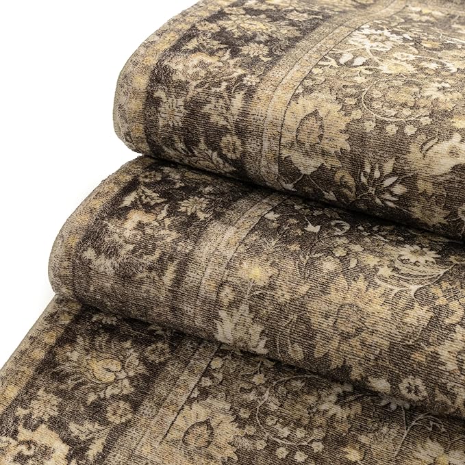 HUGEAR 6x9 Machine Washable Rugs Brown Hallway Large Area Rug Indoor Accent Rug Floral Mid Pile Carpet Soft Thicker Throw Aesthetic Rug Bedroom Living Room Office Dining Kitchen Laundry