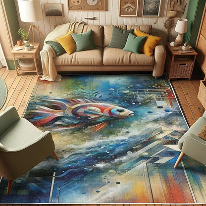 Ambesonne Modern Art Decorative Rug, Abstract Design of Color Jumble with Geometric Leafy Ornaments and Fish, Quality Carpet for Bedroom Dorm and Living Room, 2' 5" x 5', Sea Blue Multicolor