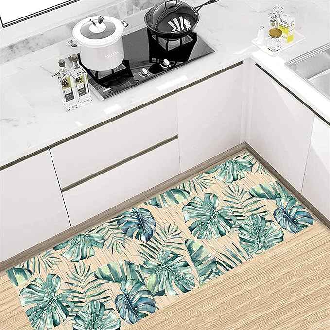 Tropical Palm Leaf Runner Rug 2x8 ft - Green Plant Pattern Non-Slip Rug, Stain Resistant Easy Clean for Hallway, Living Room, Bedroom Floor Mat