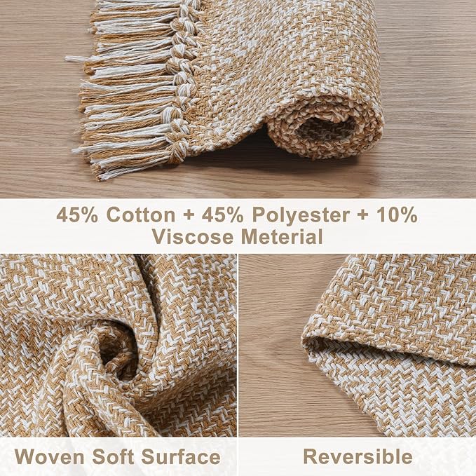 Collive Small Bathroom Rug, 2' x 3' Hand-Woven Low Profile Front Entryway Rug, Tan Cotton Reversible Washable Kitchen Mat Modern Farmhouse Carpet for Foyer Bedroom Back Door Decor