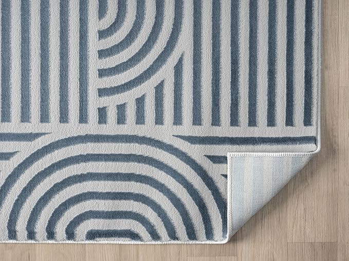 Annabel Modern Geometric Runner Rug for Kitchen, 2x7 Contemporary Arched and Linear Blue Runner, High-Low Pile Stain Resistant Carpet for Bedroom, Hallway or Entryway (2' x 7', Blue)